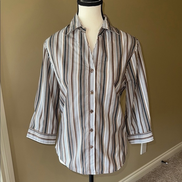 Penman Shirt White Brown Button Down Stripes Top Blouse Classic Collar Women’s - Picture 1 of 8